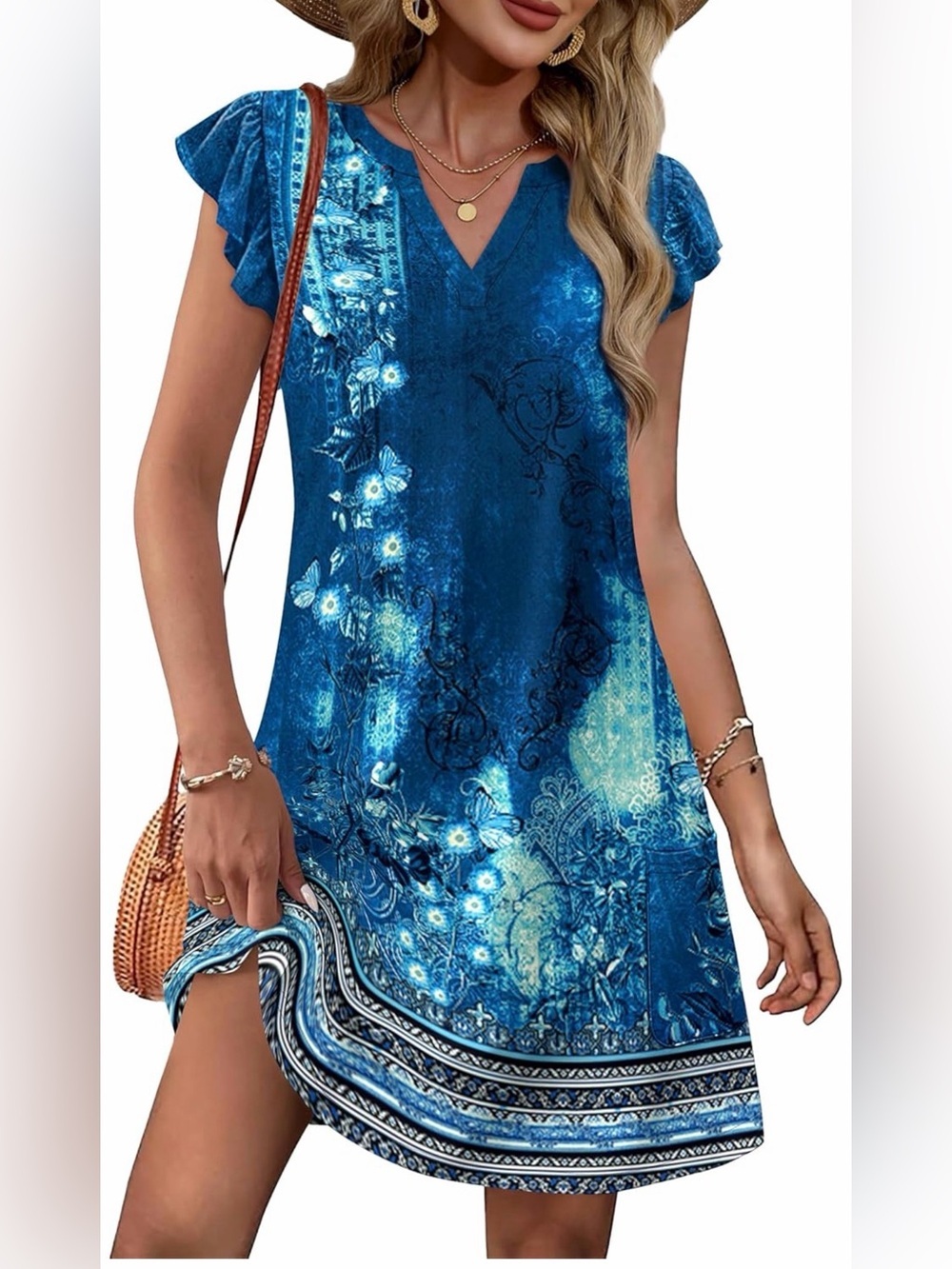 🆕 Casual Ruffle Sleeve V Neck Loose Swing Sundresses with Pockets Plain/Print